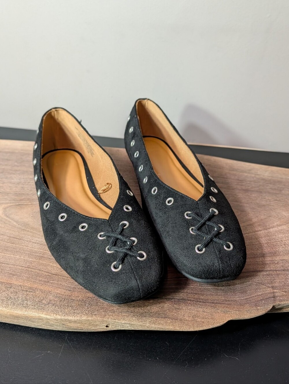 Time and Tru Black Suede Eyelet Lace-Up Flats
